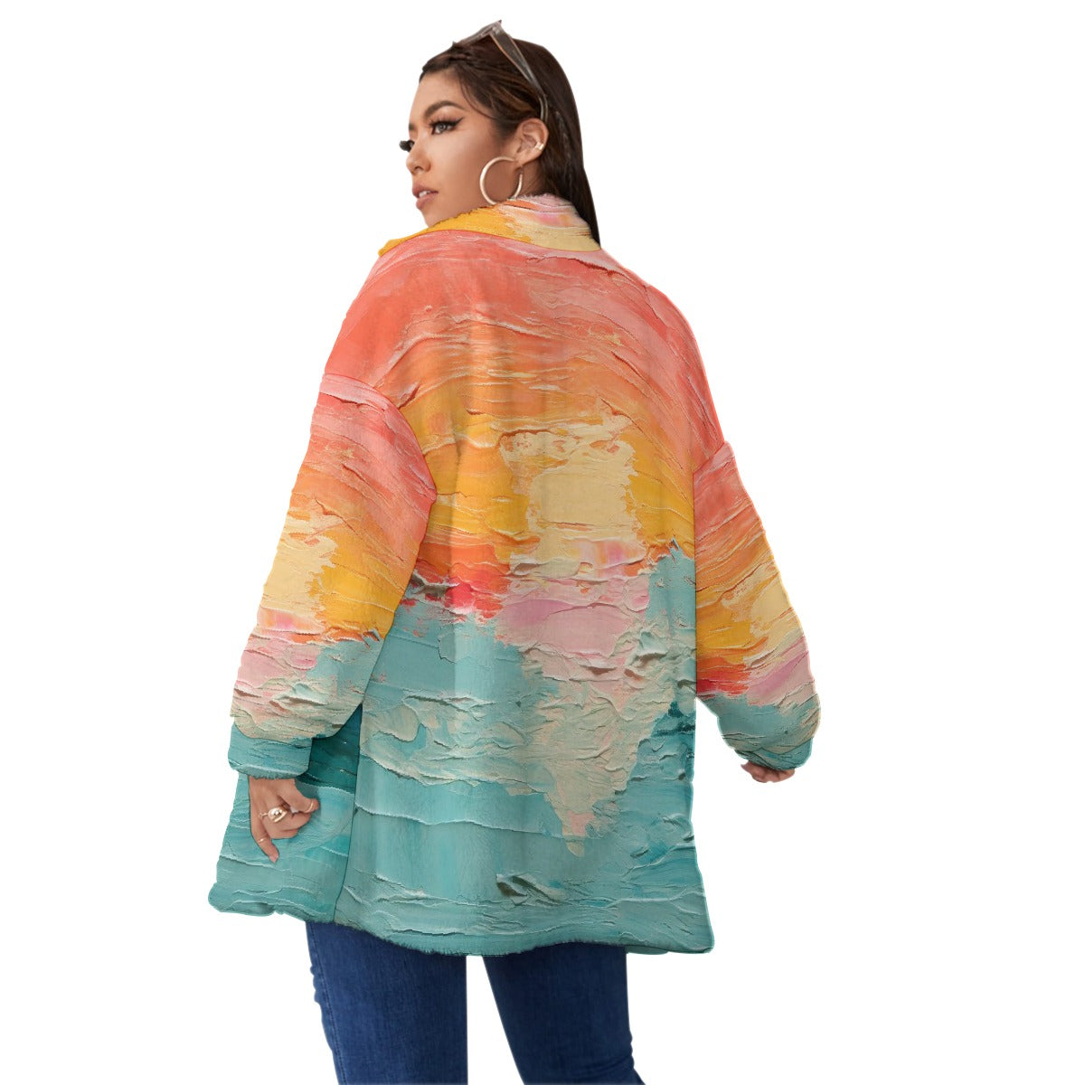 All-Over Print Unisex Borg Fleece Stand-up Collar Coat With Zipper Closure(Plus Size)