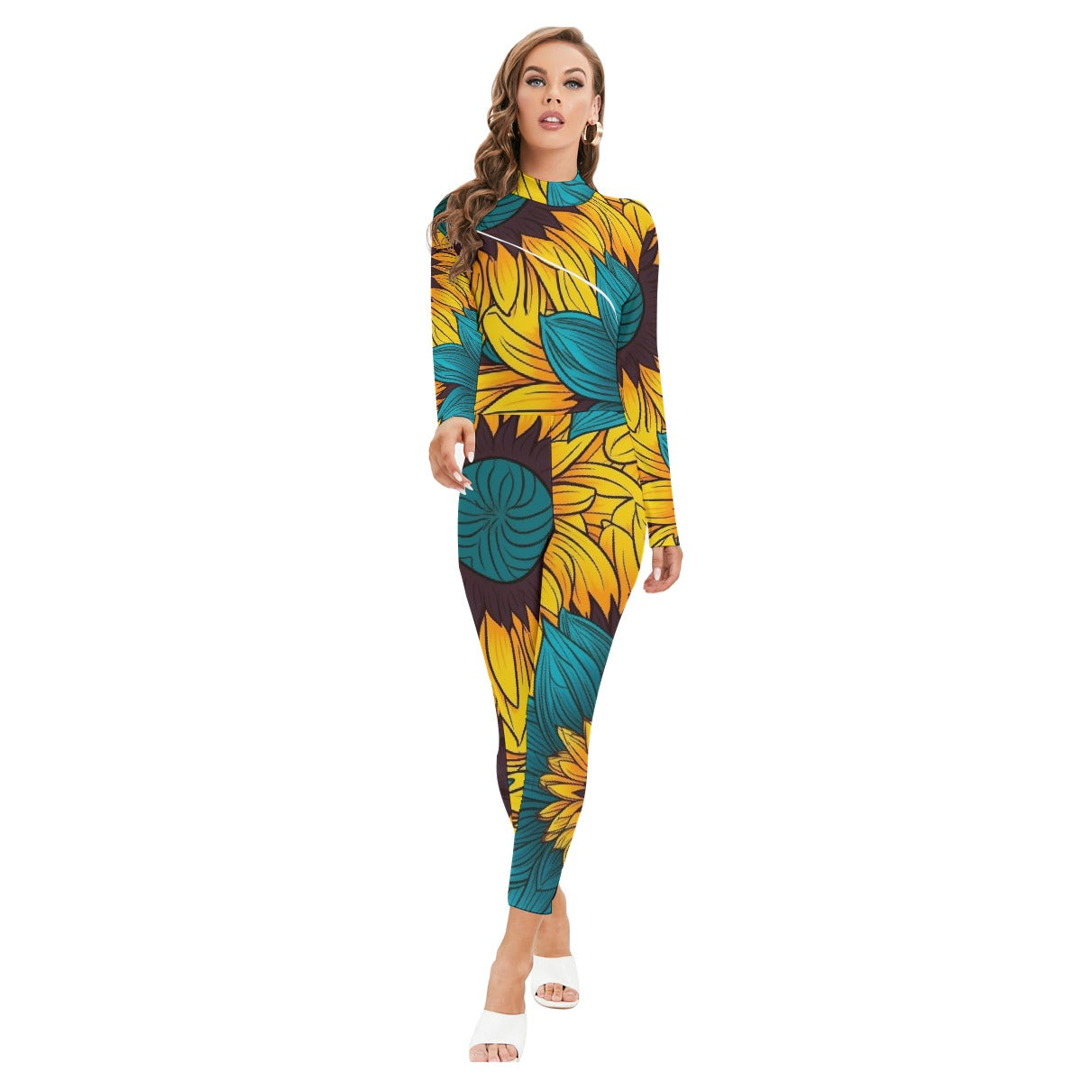 All-Over Print Women's Long-sleeved High-neck Jumpsuit With Zipper