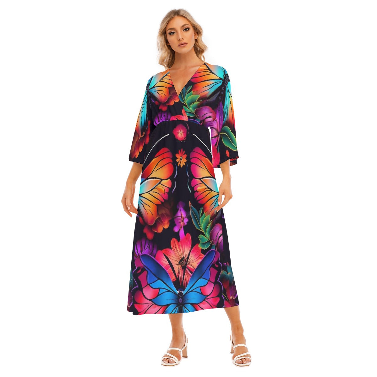 All-Over Print Women's Mid-Sleeve Long Dress
