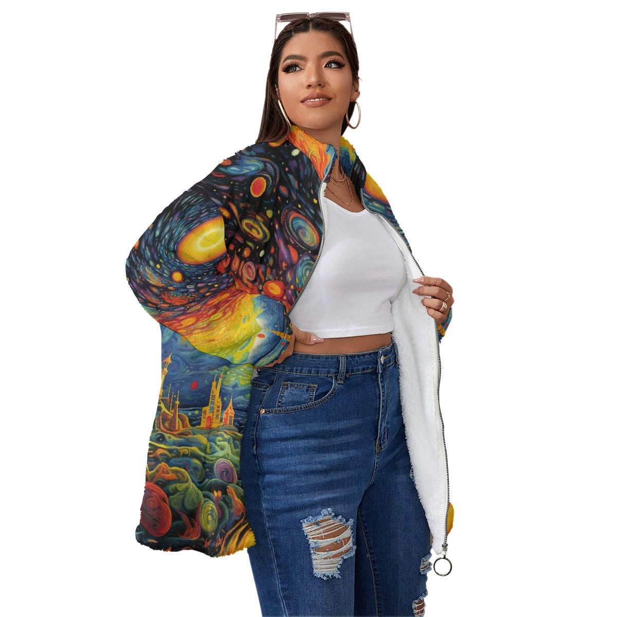 All-Over Print Unisex Borg Fleece Stand-up Collar Coat With Zipper Closure(Plus Size)