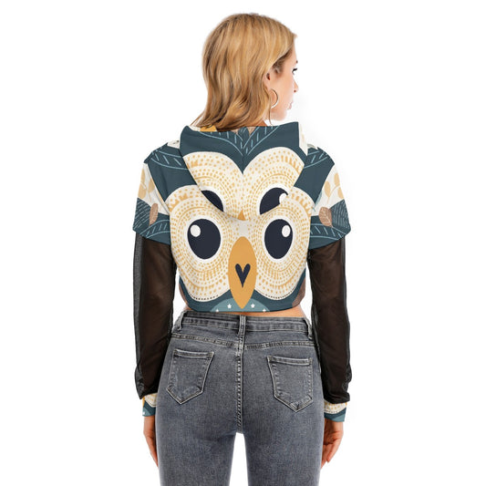 All-Over Print Women's Fake Two-piece Mesh Sleeve Cropped Hoodie