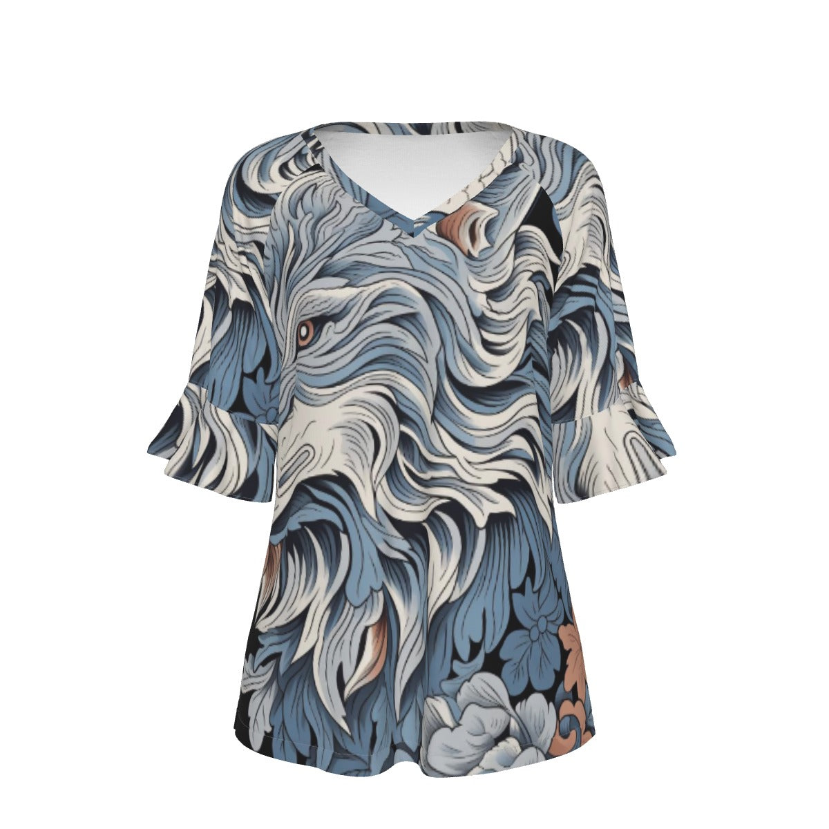 All-Over Print V-neck Women's T-shirt With Bell Sleeve