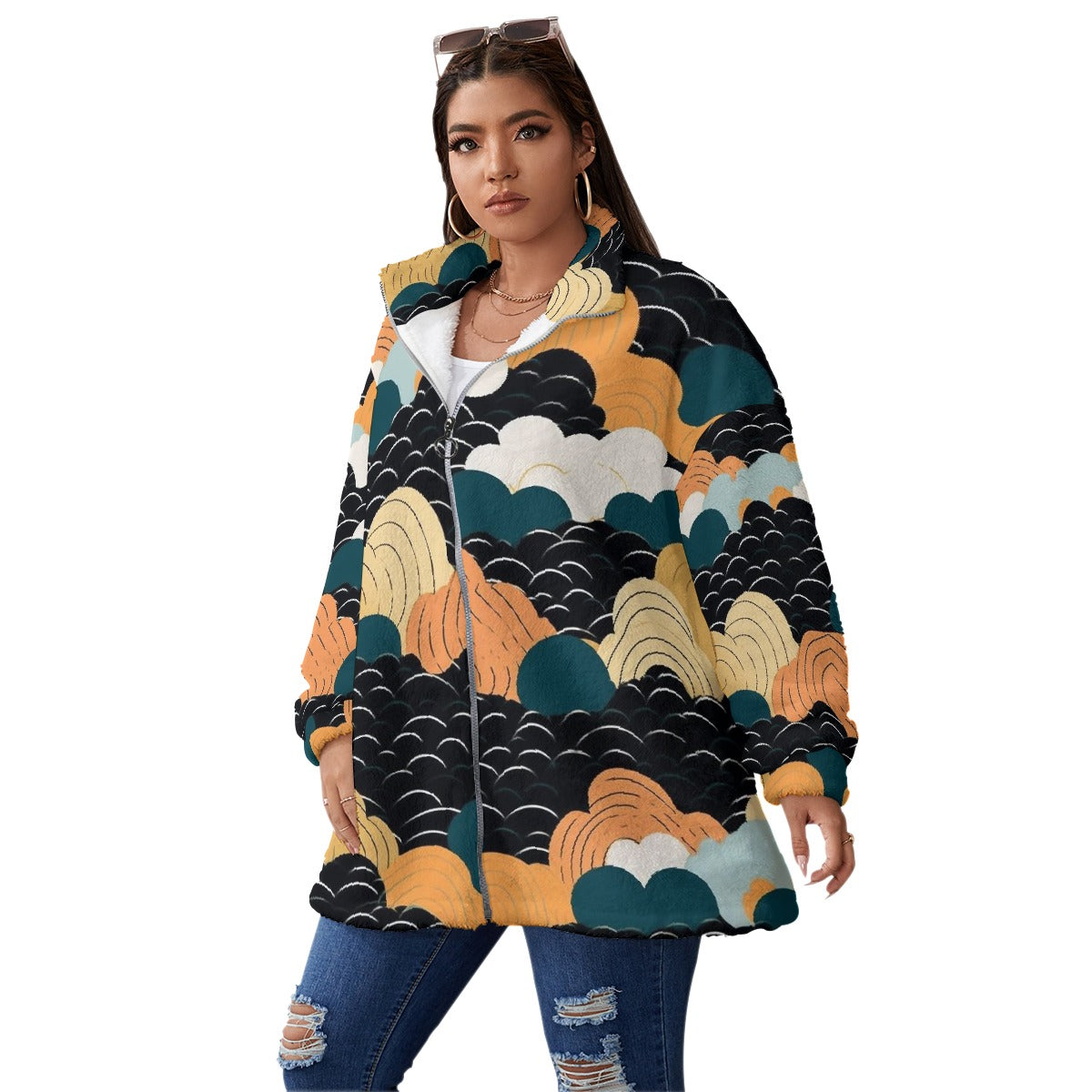 All-Over Print Unisex Borg Fleece Stand-up Collar Coat With Zipper Closure(Plus Size)