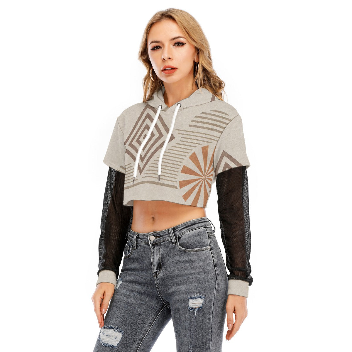 All-Over Print Women's Fake Two-piece Mesh Sleeve Cropped Hoodie