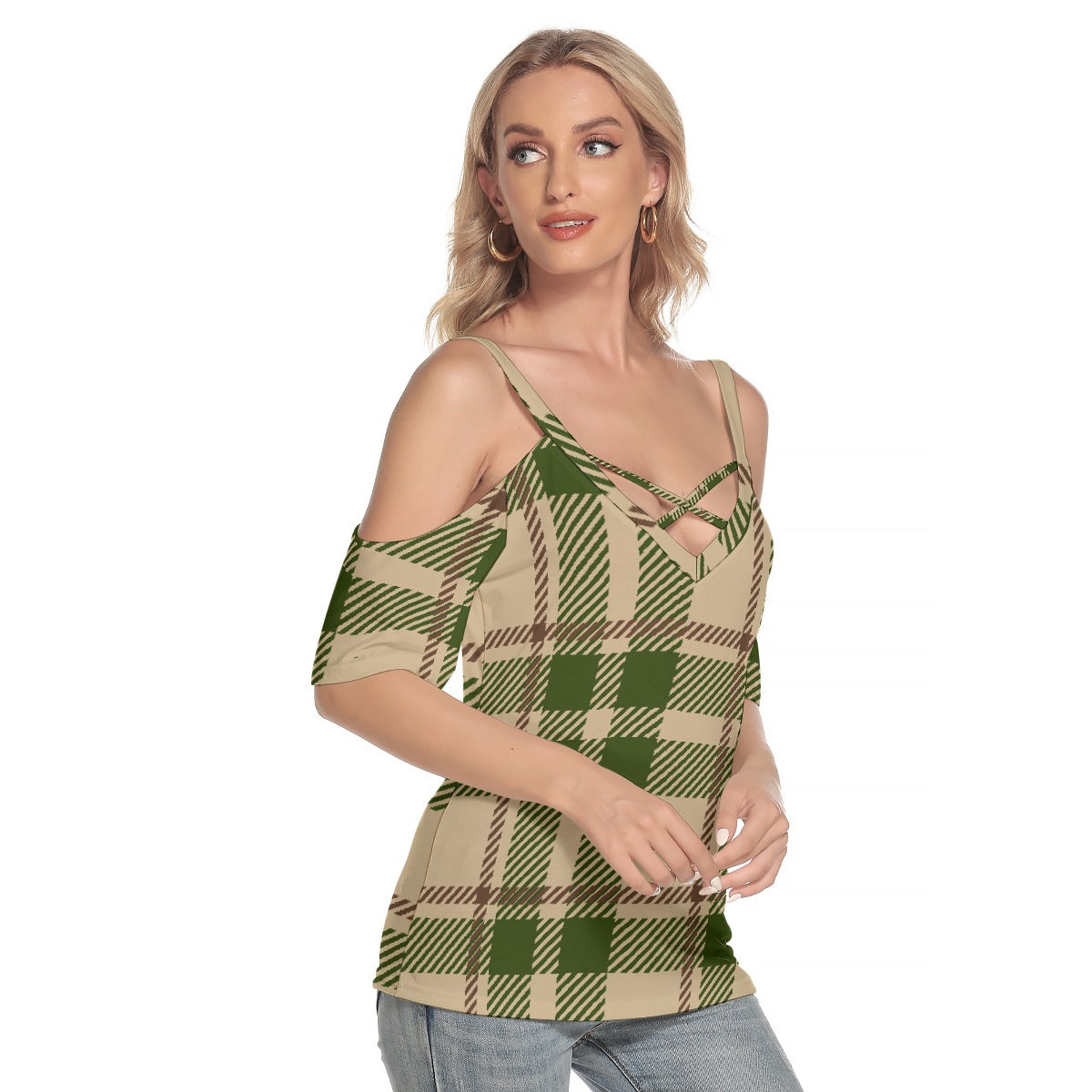 All-Over Print Women's Cold Shoulder T-shirt With Criss Cross Strips