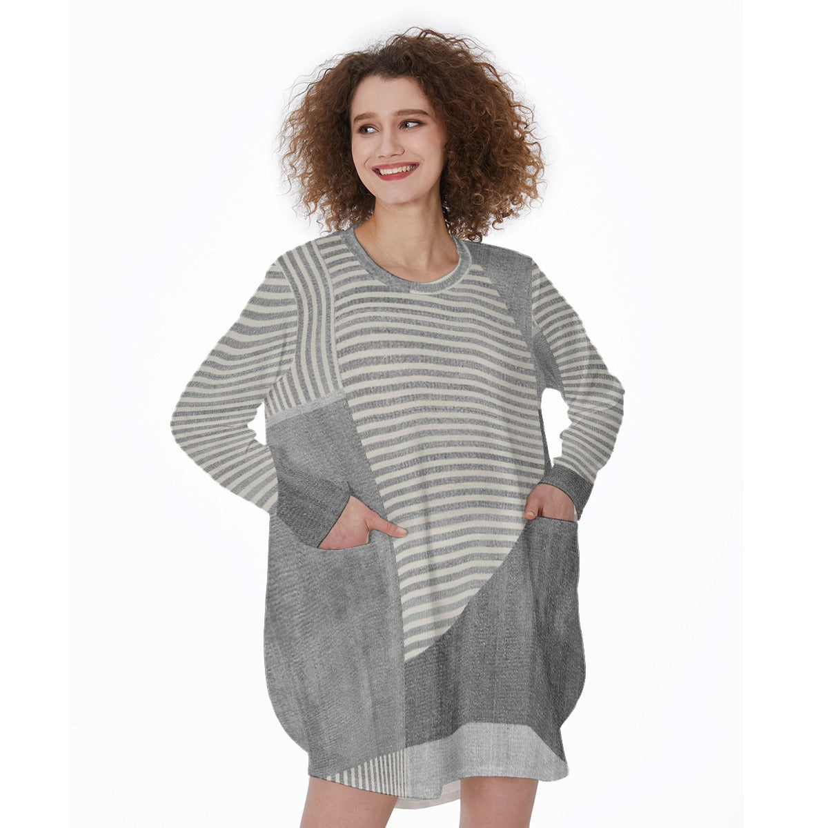 All-Over Print Women's Casual Loose Long Sleeve Dress With Pocket