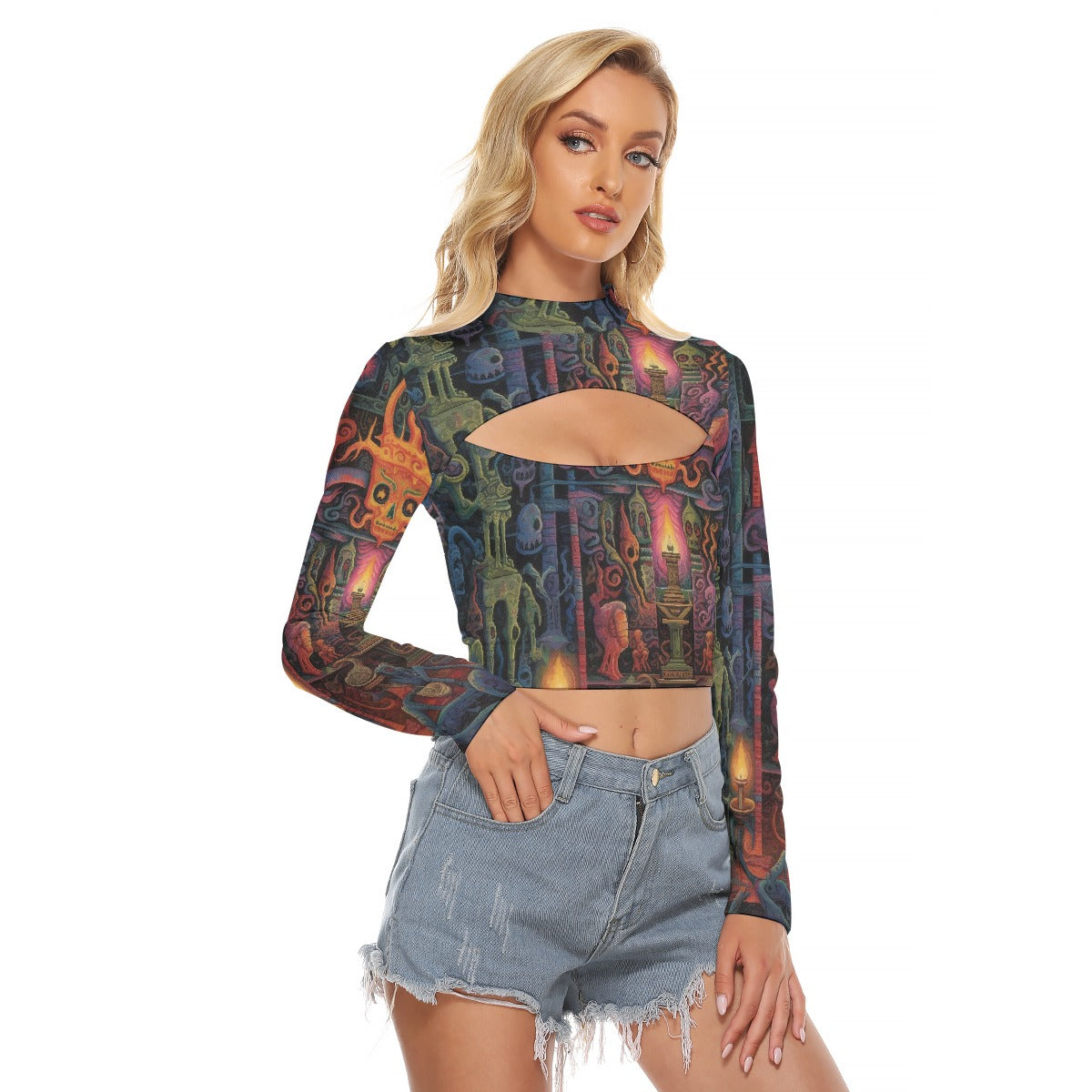 All-Over Print Women's Hollow Chest Keyhole Tight Crop Top
