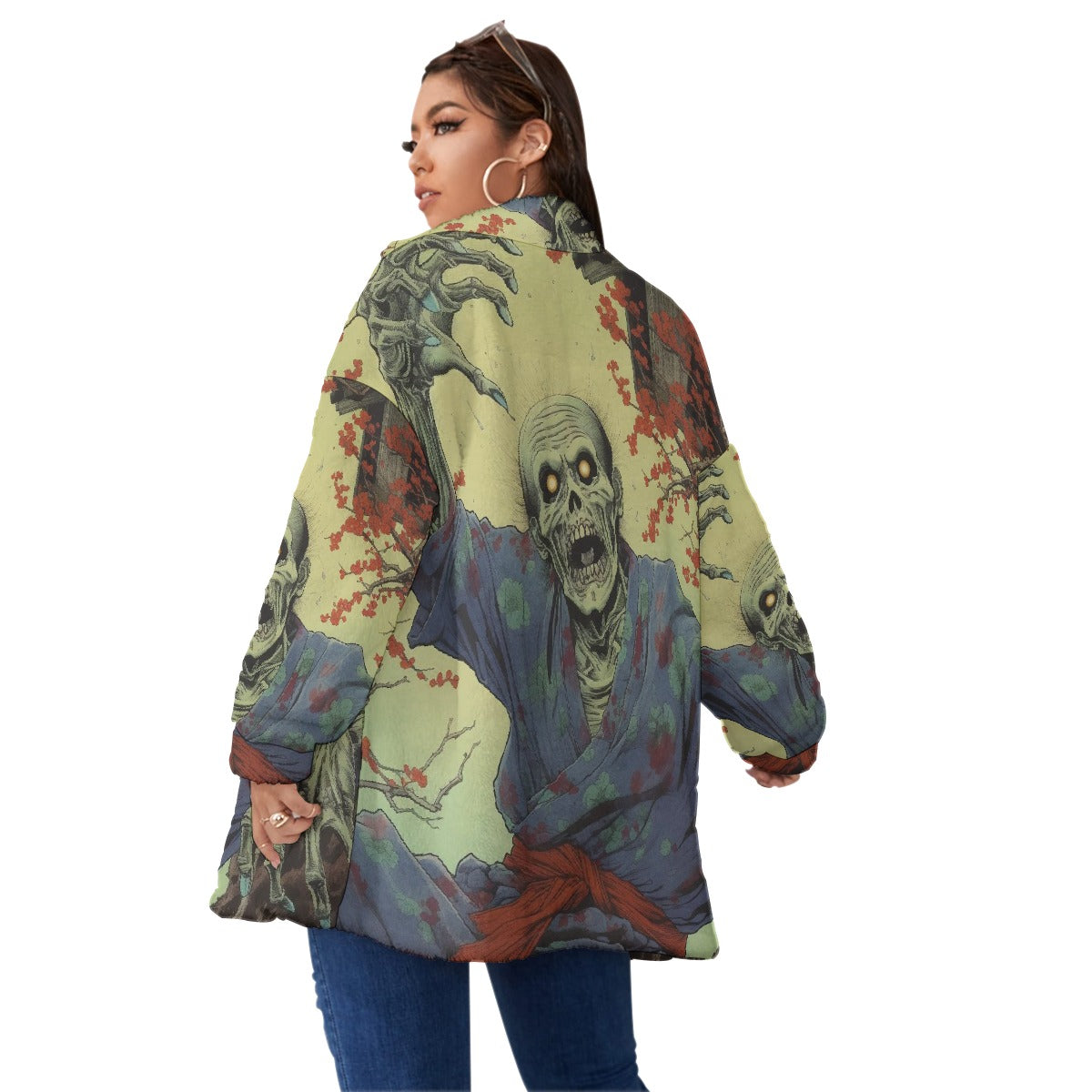 All-Over Print Unisex Borg Fleece Stand-up Collar Coat With Zipper Closure(Plus Size)