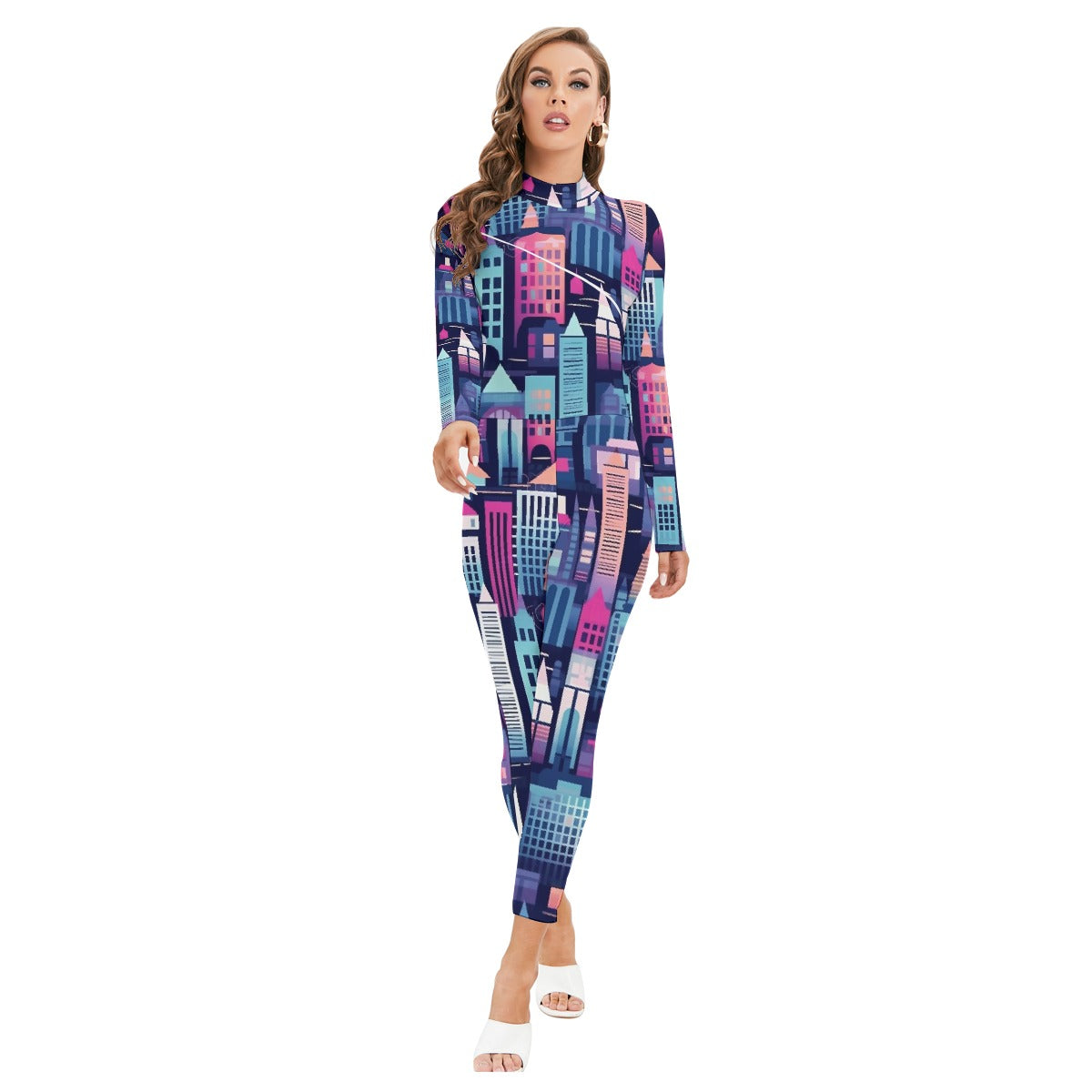 All-Over Print Women's Long-sleeved High-neck Jumpsuit With Zipper