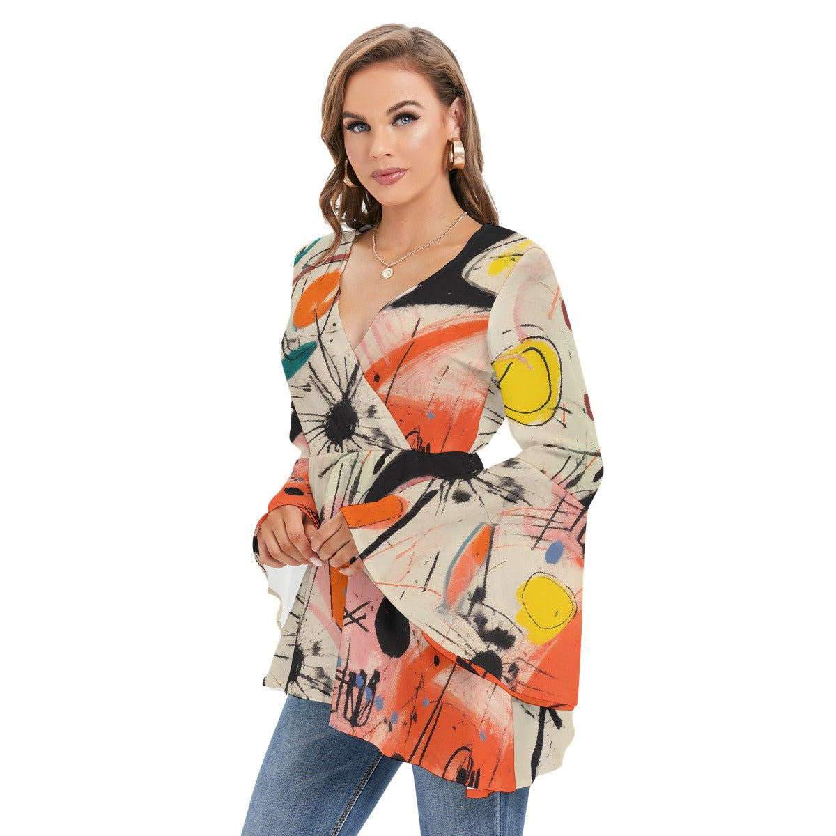All-Over Print Women's V-neck Blouse With Flared Sleeves