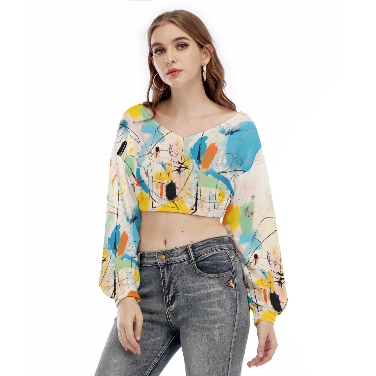 All-Over Print Women's V-neck Long Sleeve Cropped Sweatshirt