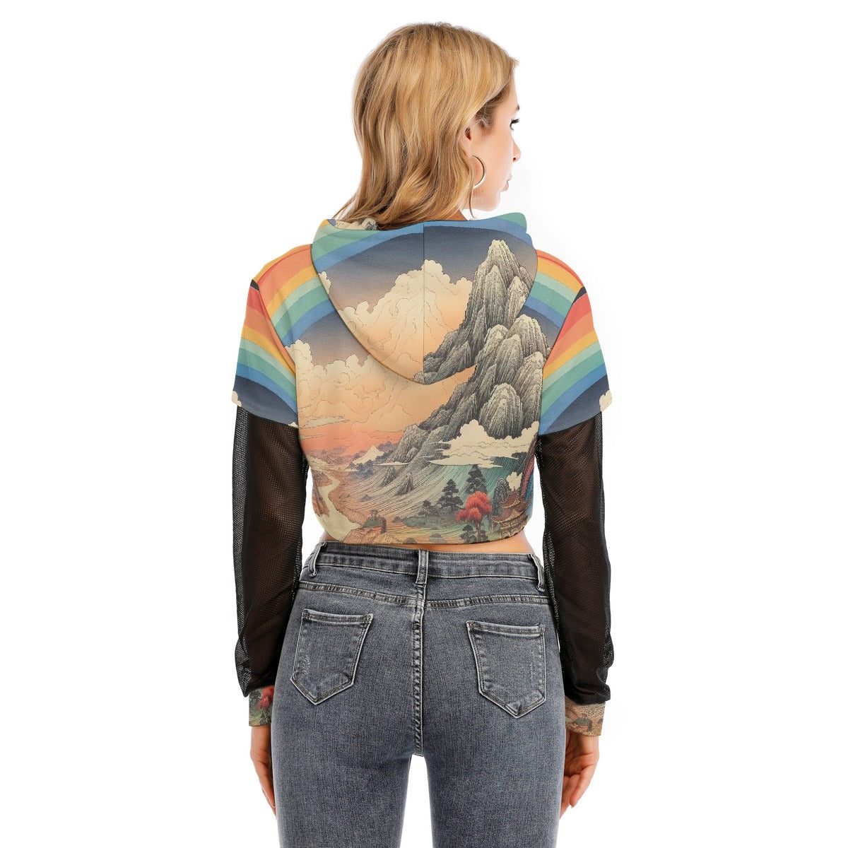 All-Over Print Women's Fake Two-piece Mesh Sleeve Cropped Hoodie