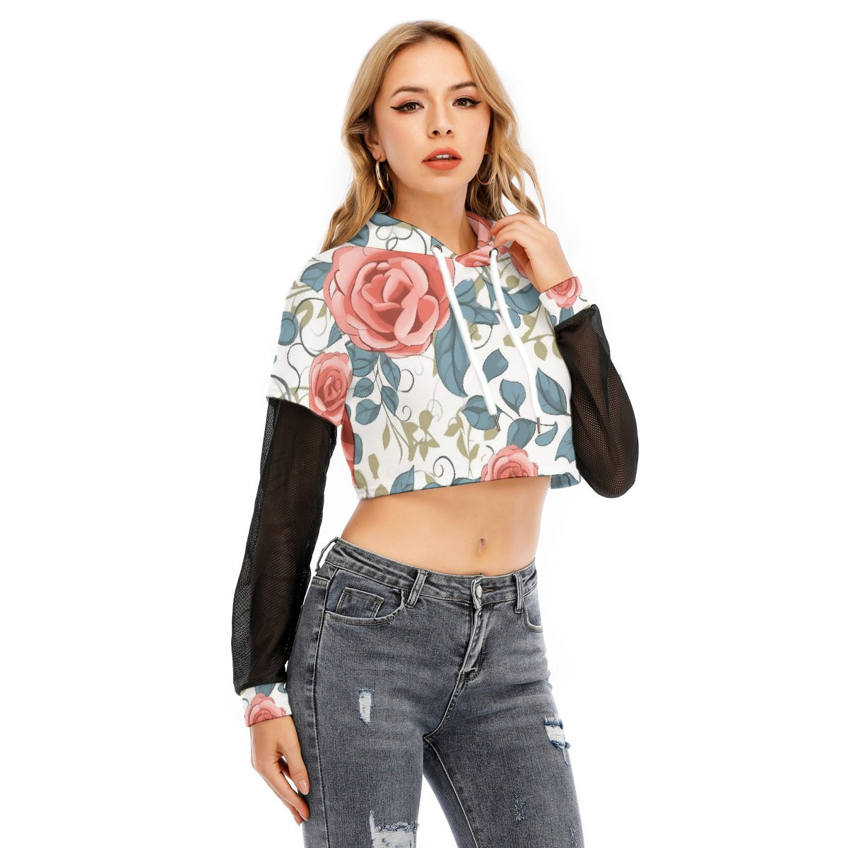 All-Over Print Women's Fake Two-piece Mesh Sleeve Cropped Hoodie