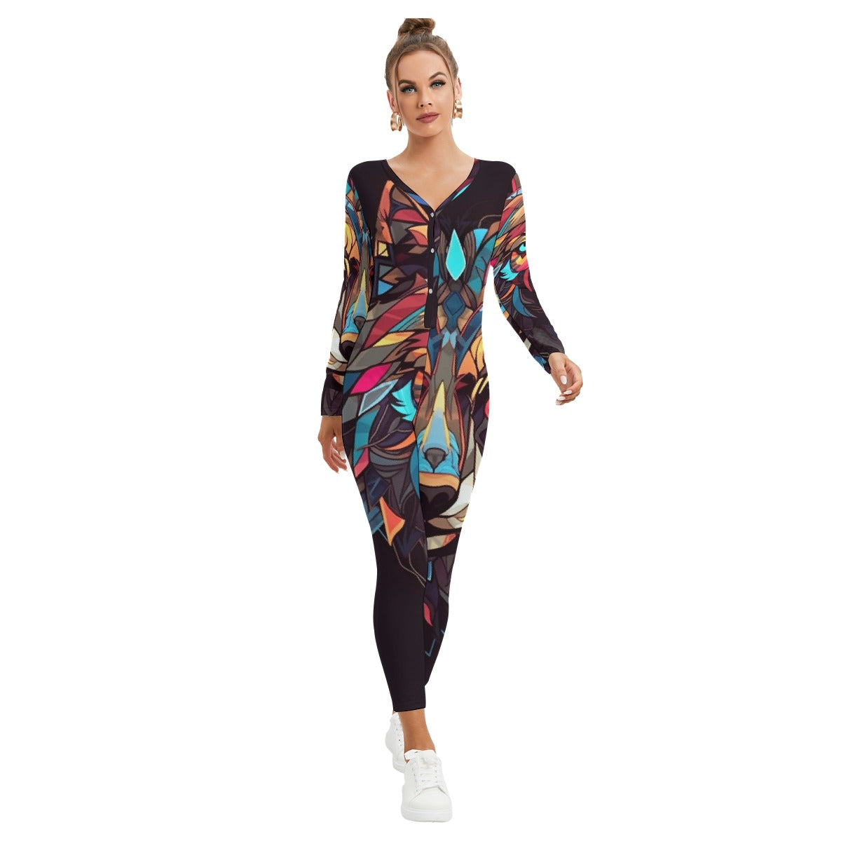 All-Over Print Women's Plunging Neck Jumpsuit