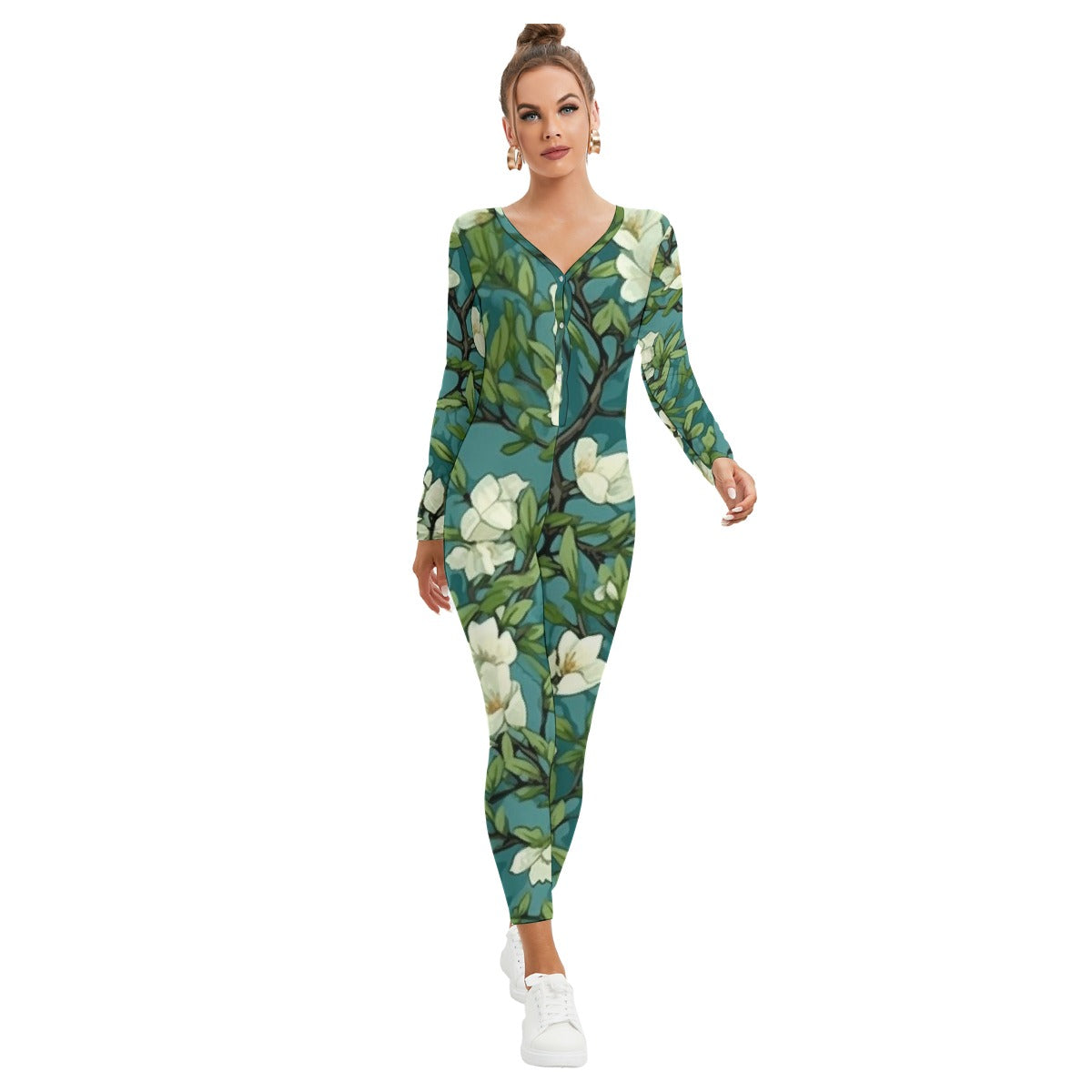 All-Over Print Women's Plunging Neck Jumpsuit