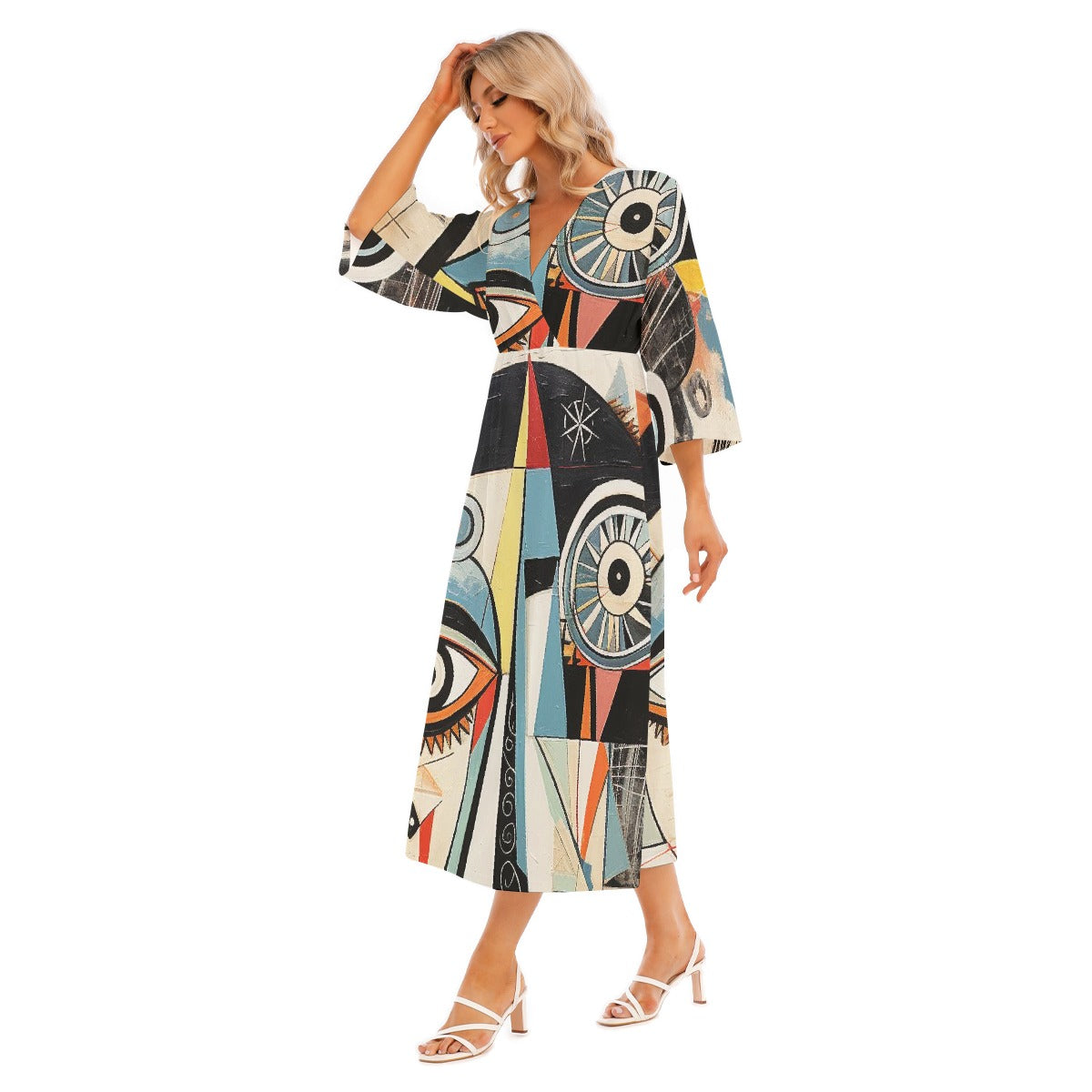 All-Over Print Women's Mid-Sleeve Long Dress