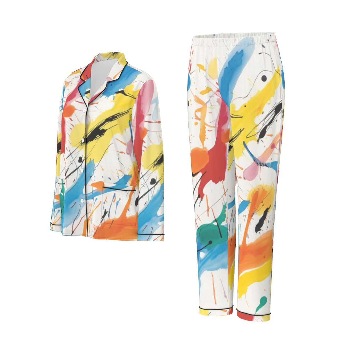 All-Over Print Women's Long Sleeve Pajama Set With Black Contrast Piping