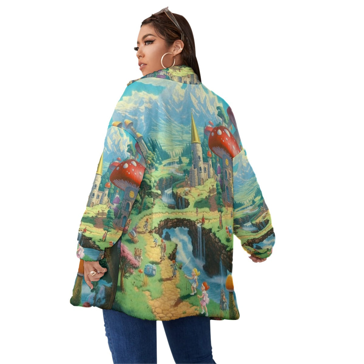All-Over Print Unisex Borg Fleece Stand-up Collar Coat With Zipper Closure(Plus Size)