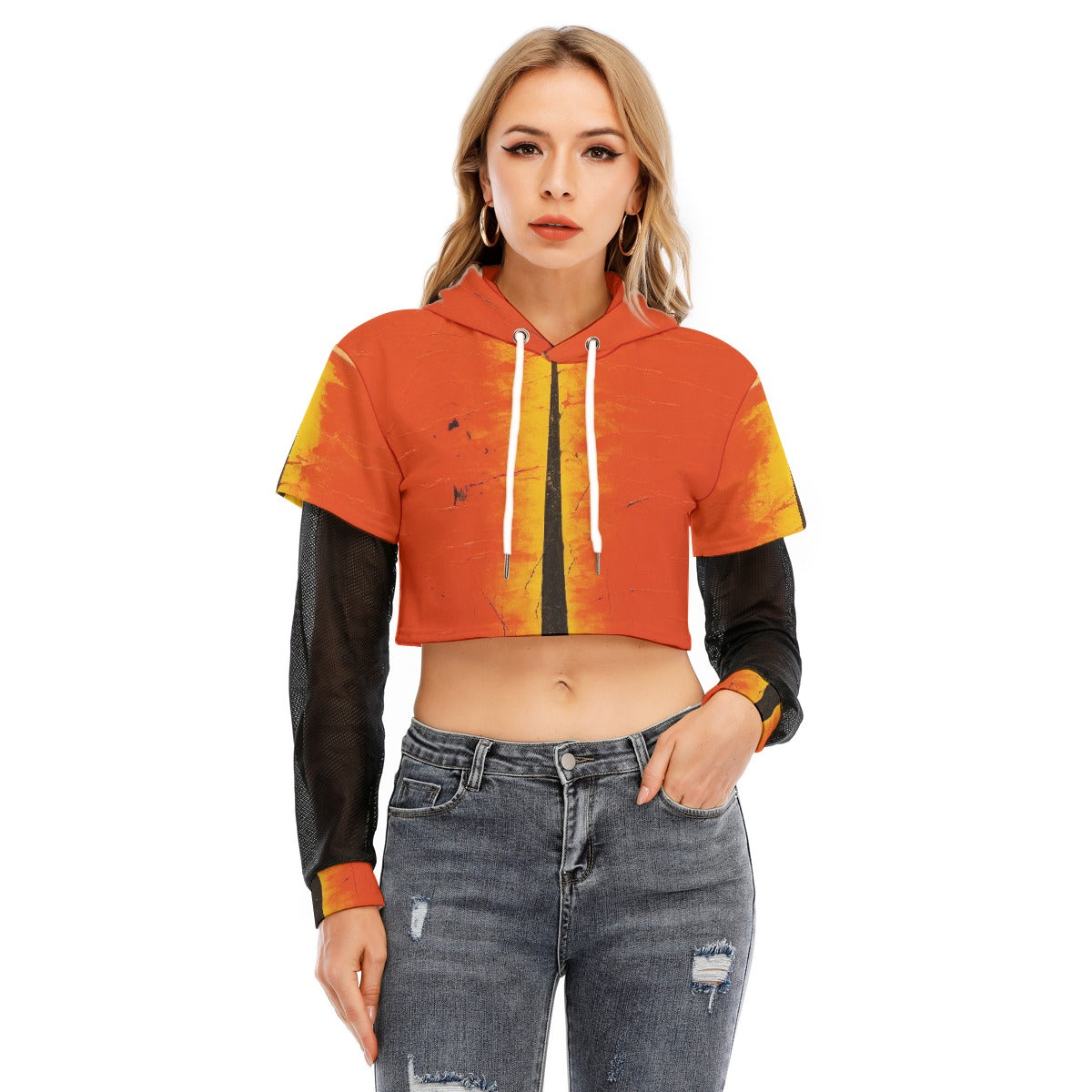 All-Over Print Women's Fake Two-piece Mesh Sleeve Cropped Hoodie