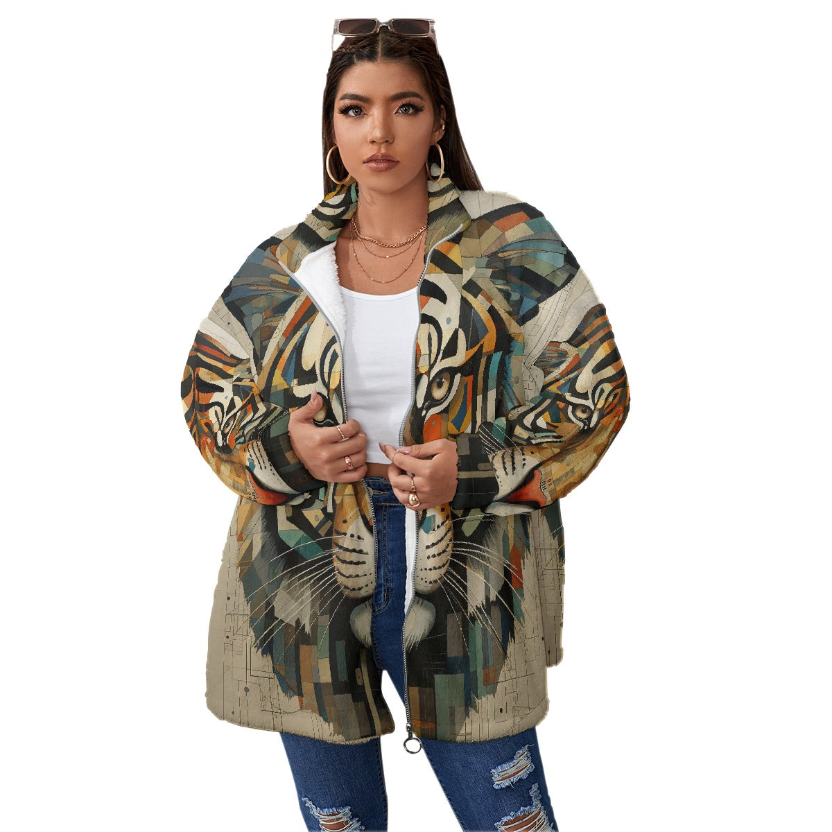 All-Over Print Unisex Borg Fleece Stand-up Collar Coat With Zipper Closure(Plus Size)