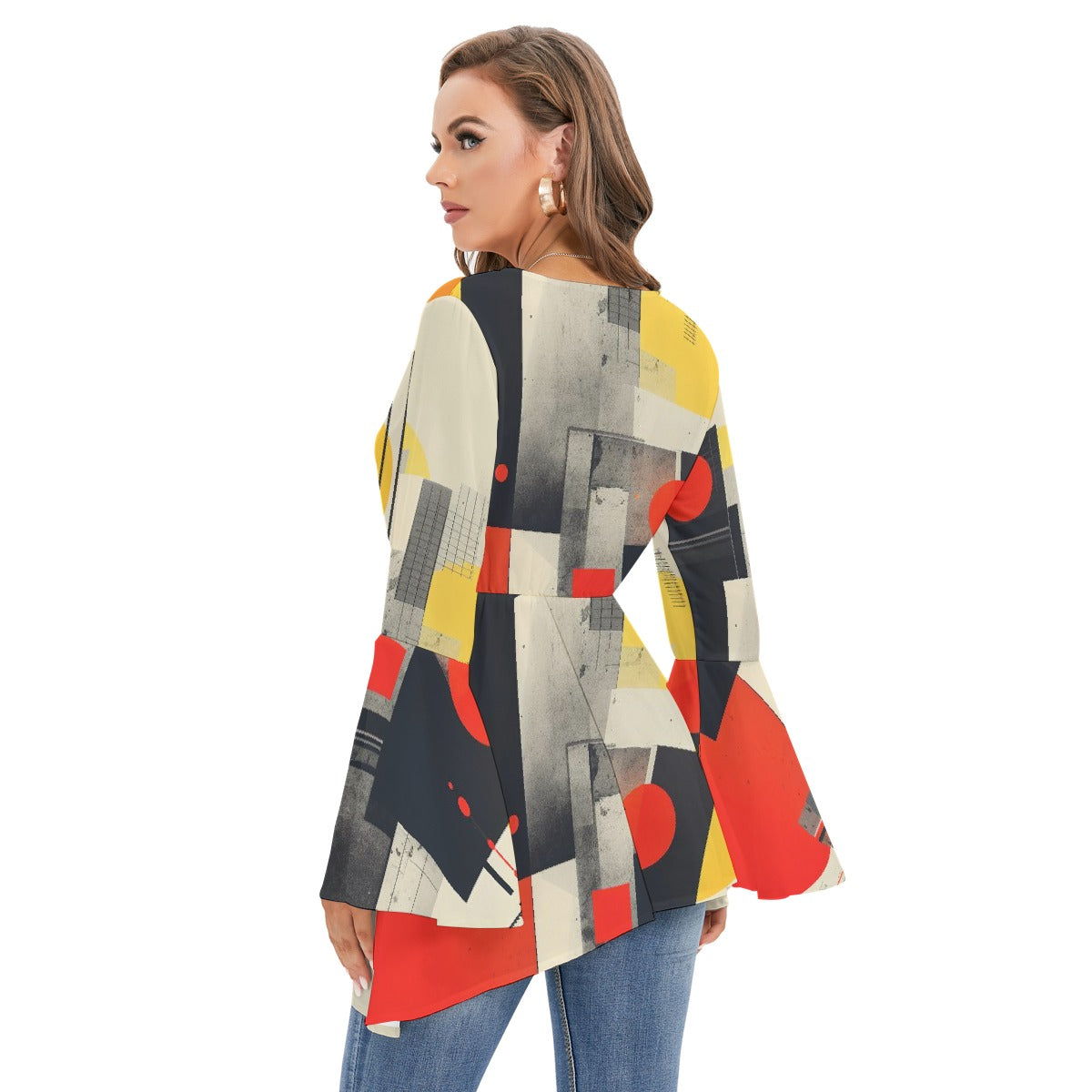 All-Over Print Women's V-neck Blouse With Flared Sleeves