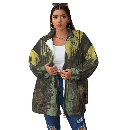 All-Over Print Unisex Borg Fleece Stand-up Collar Coat With Zipper Closure(Plus Size)