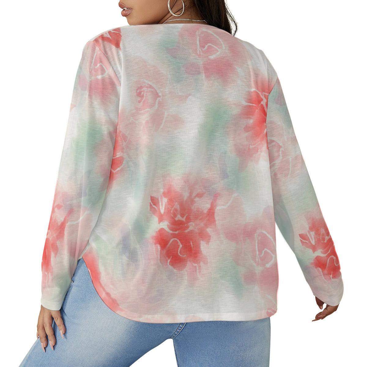 All-Over Print Women's V-neck T-shirt With Curved Hem(Plus Size)