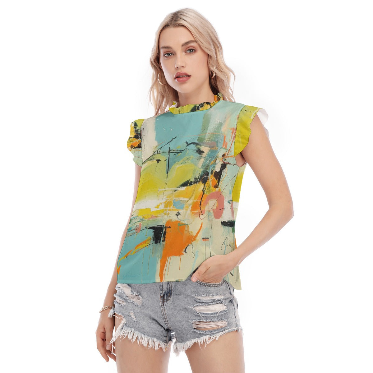 All-Over Print Women's Blouse With Ruffle Collar And Sleeve