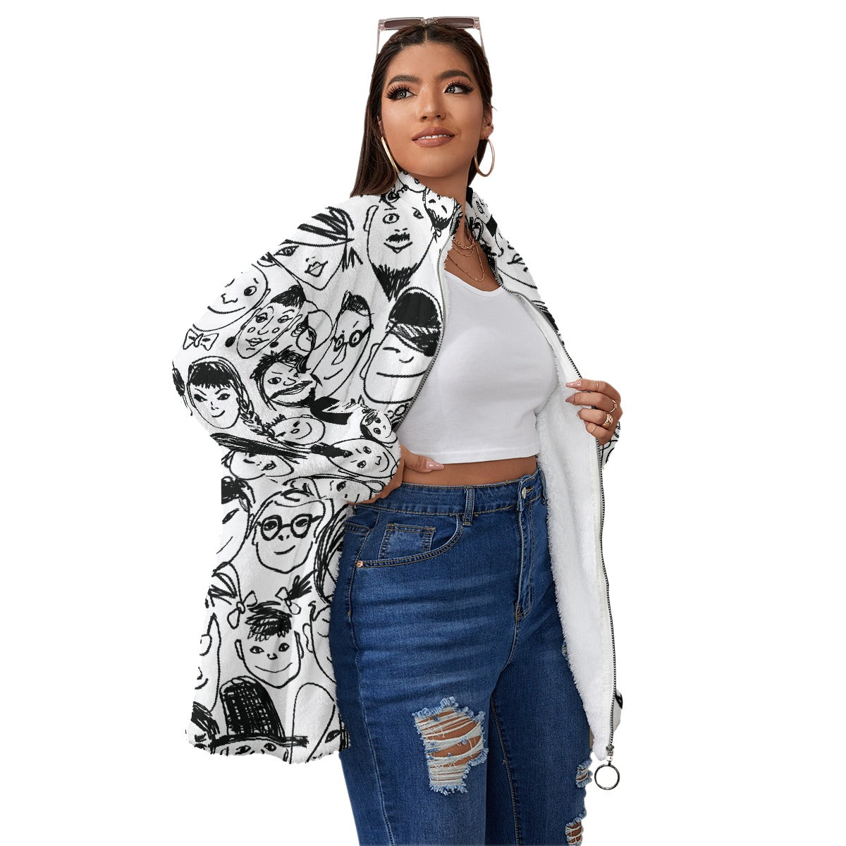 All-Over Print Unisex Borg Fleece Stand-up Collar Coat With Zipper Closure(Plus Size)