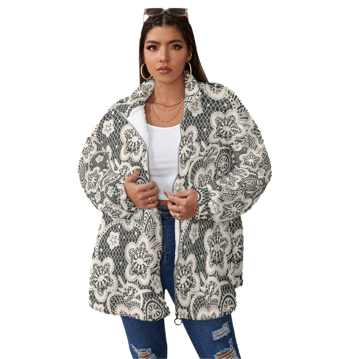 All-Over Print Unisex Borg Fleece Stand-up Collar Coat With Zipper Closure(Plus Size)