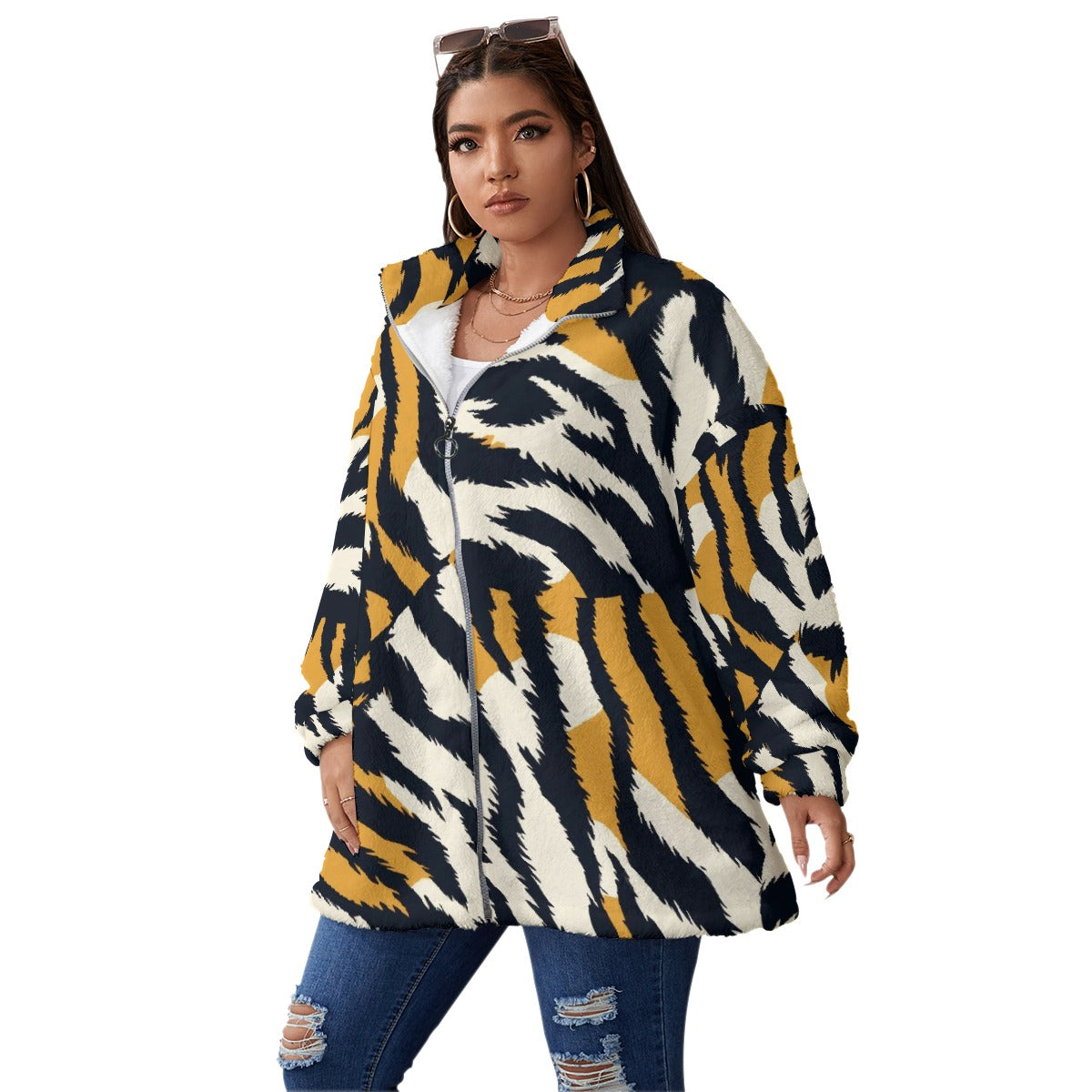 All-Over Print Unisex Borg Fleece Stand-up Collar Coat With Zipper Closure(Plus Size)