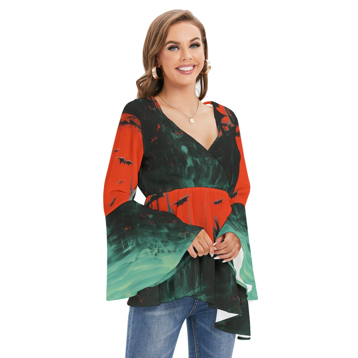 All-Over Print Women's V-neck Blouse With Flared Sleeves