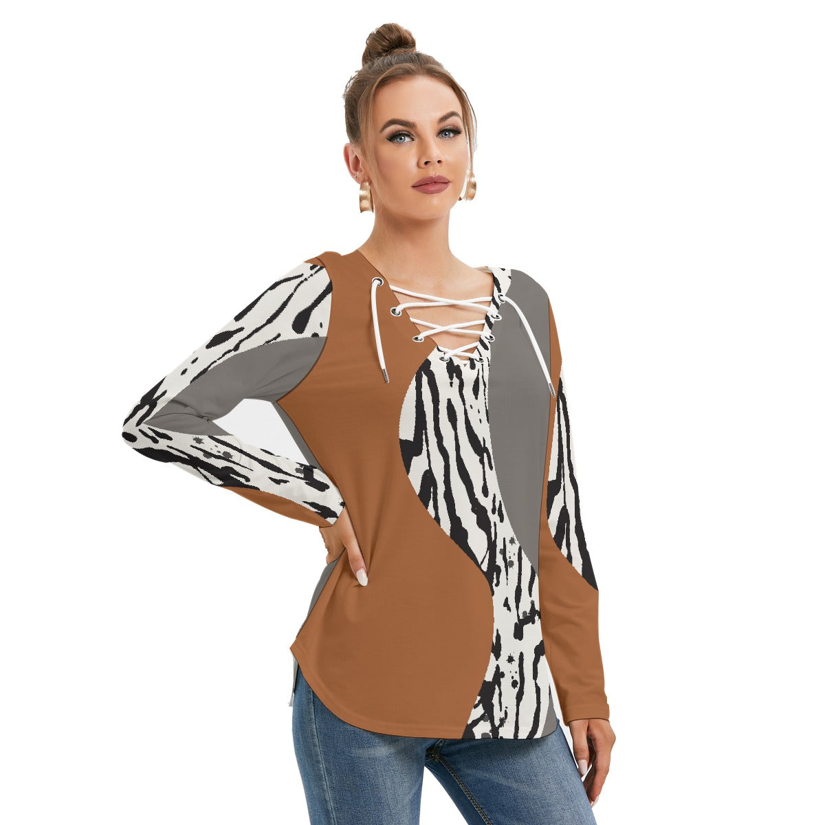 All-Over Print Women's Long Sleeve Neckline Tie Sweatshirt
