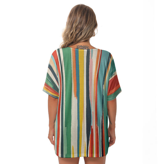 All-Over Print Women's Bat Sleeves V-Neck Blouse