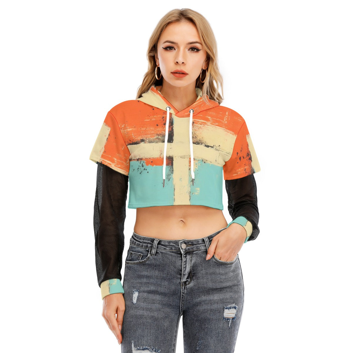 All-Over Print Women's Fake Two-piece Mesh Sleeve Cropped Hoodie