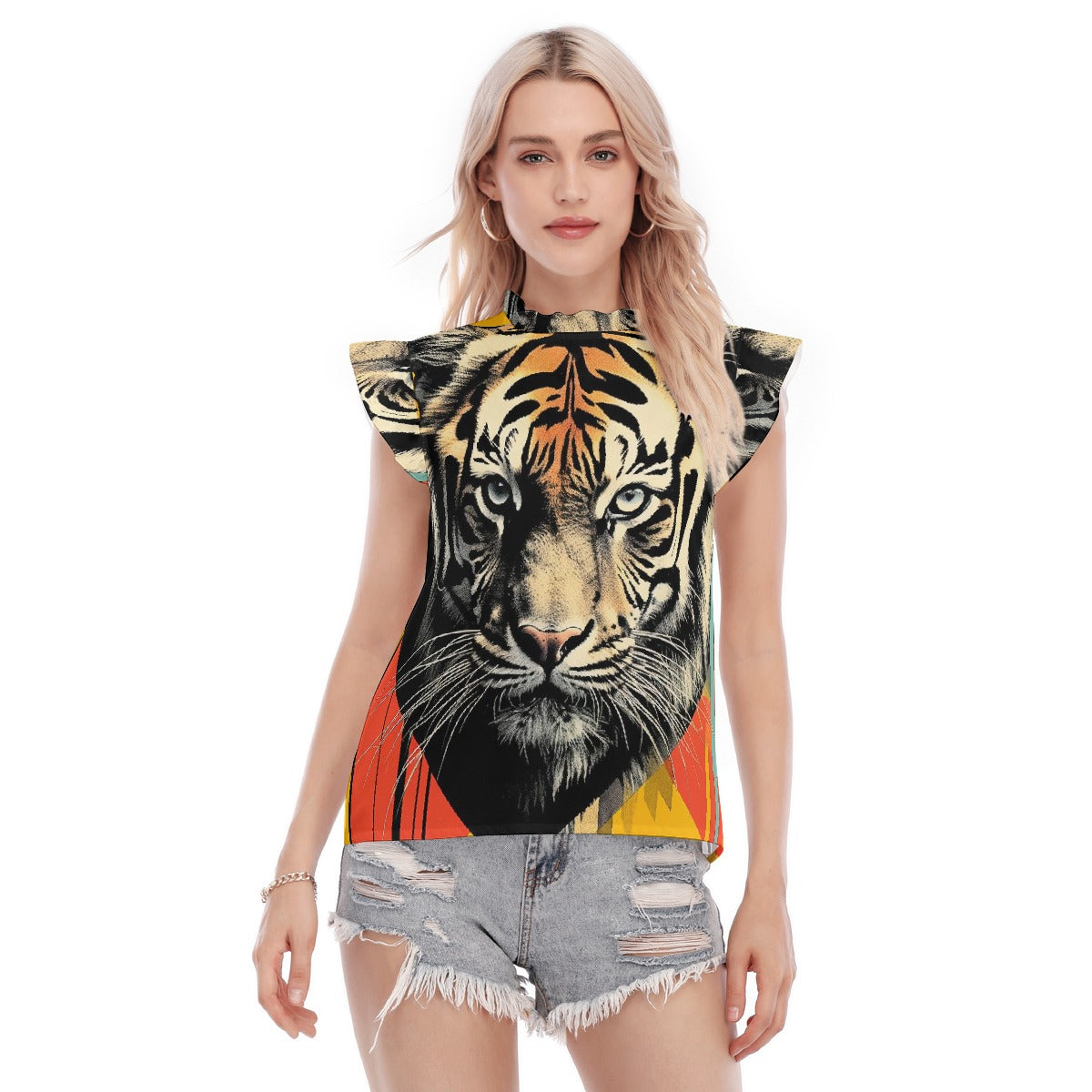 All-Over Print Women's Blouse With Ruffle Collar And Sleeve