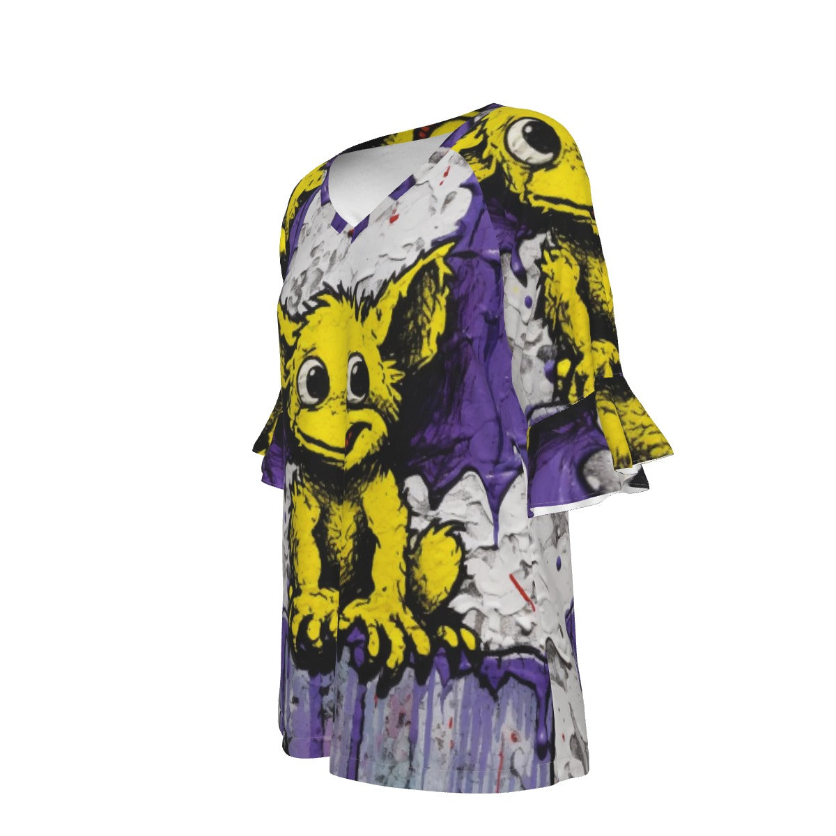 All-Over Print V-neck Women's T-shirt With Bell Sleeve