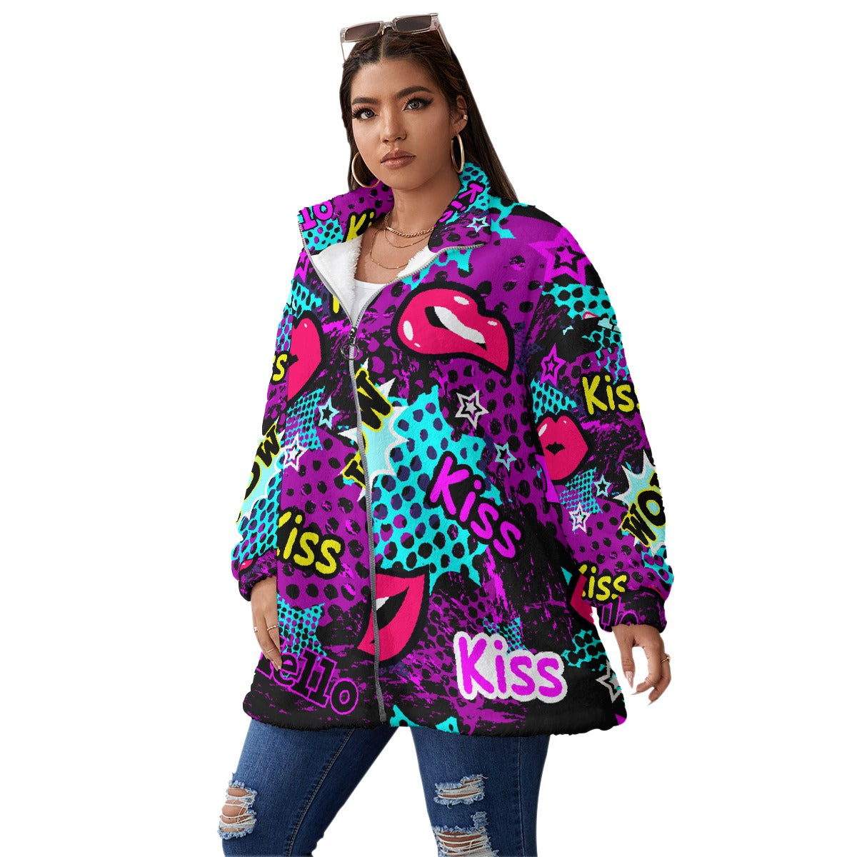 All-Over Print Unisex Borg Fleece Stand-up Collar Coat With Zipper Closure(Plus Size)