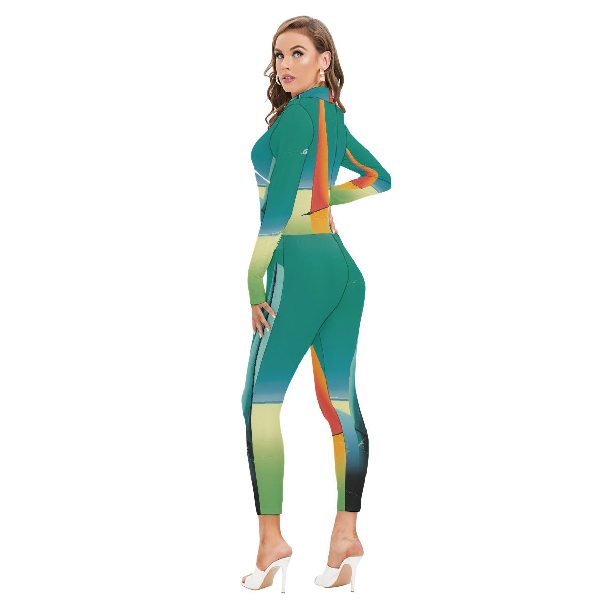 All-Over Print Women's Long-sleeved High-neck Jumpsuit With Zipper