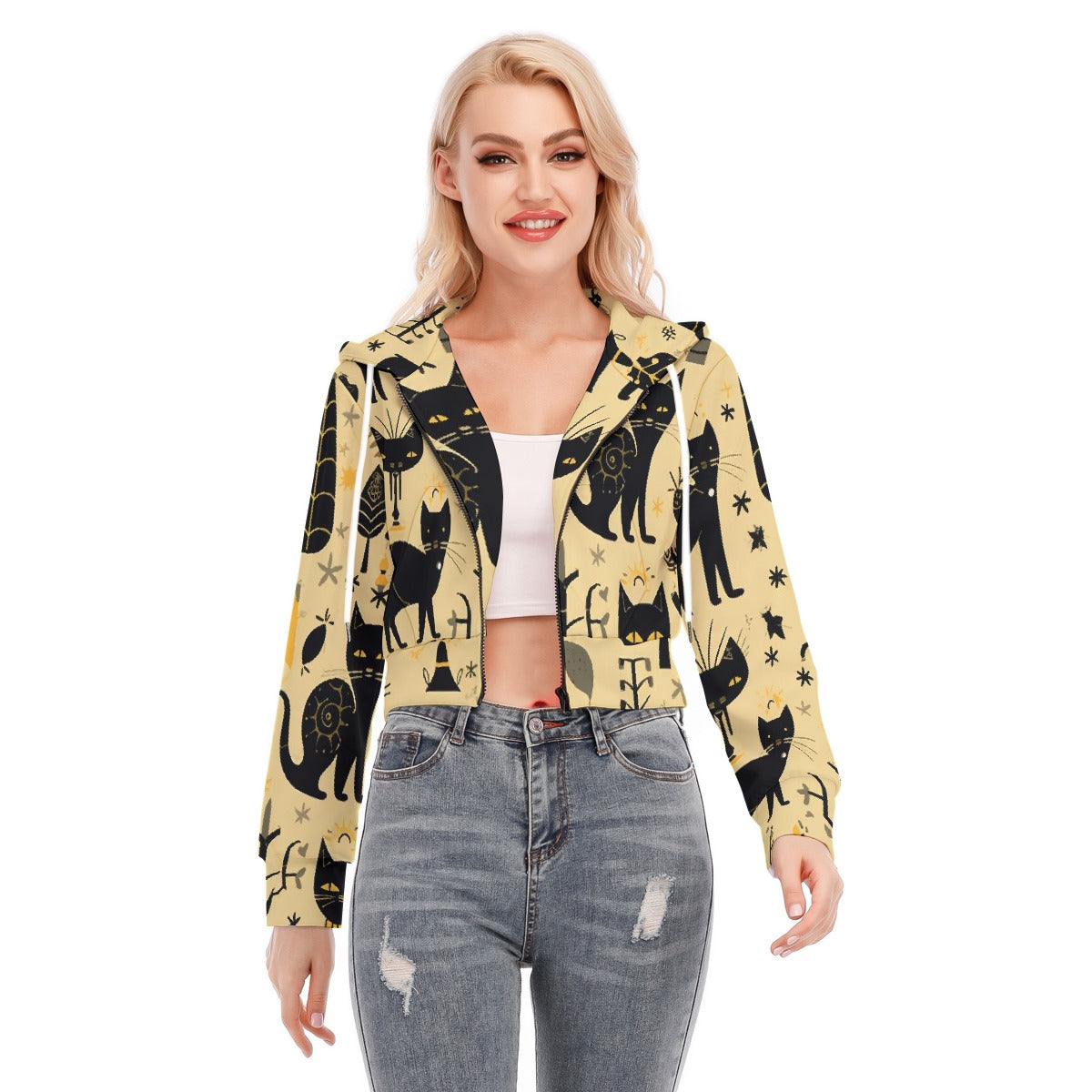 All-Over Print Women's Crop Top Hoodie With Zipper Closure