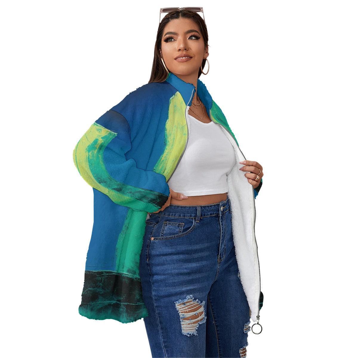 All-Over Print Unisex Borg Fleece Stand-up Collar Coat With Zipper Closure(Plus Size)