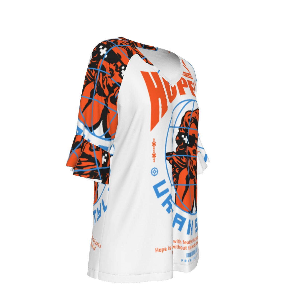 All-Over Print V-neck Women's T-shirt With Bell Sleeve