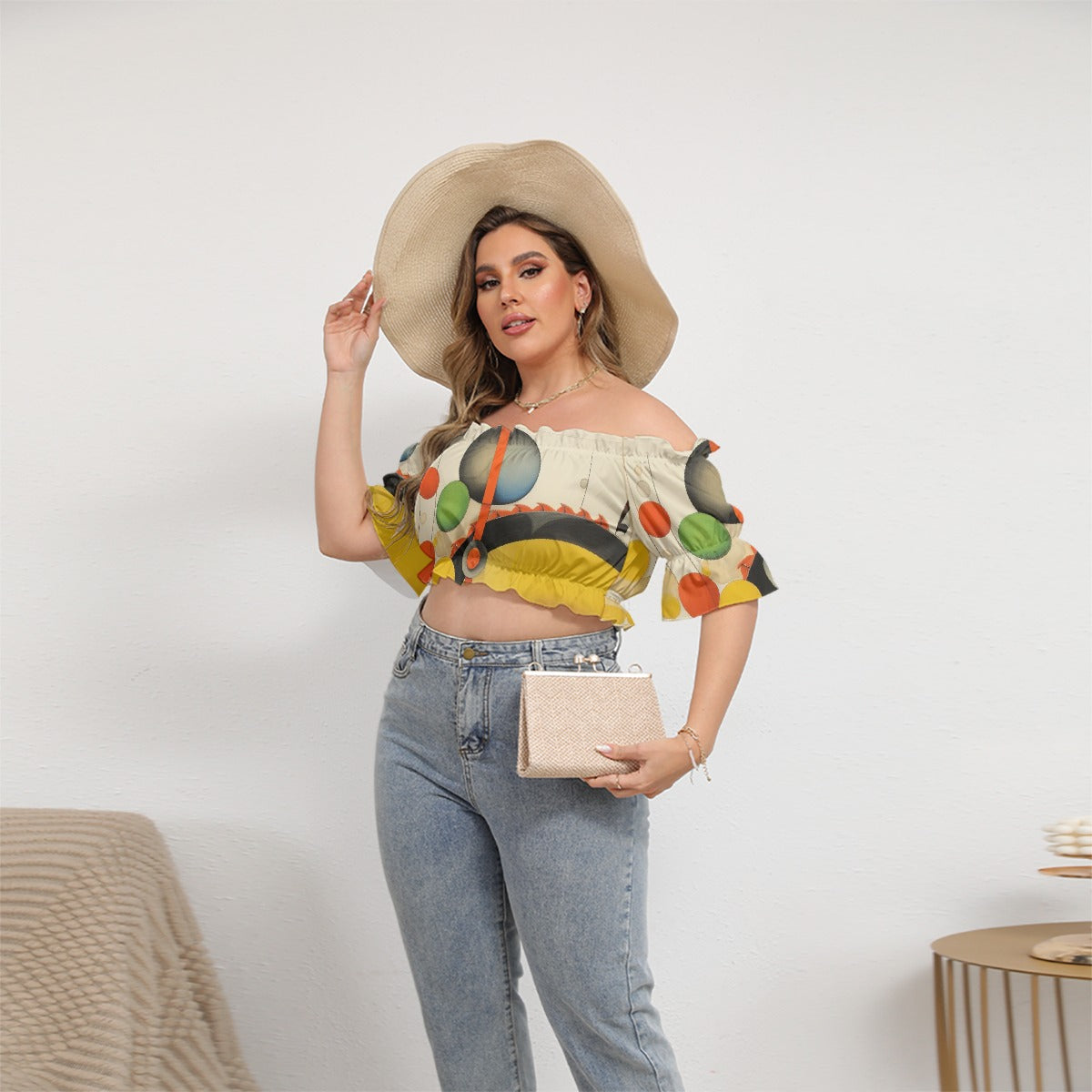 All-Over Print Women's Off-shoulder Cropped Top With Short Puff Sleeve