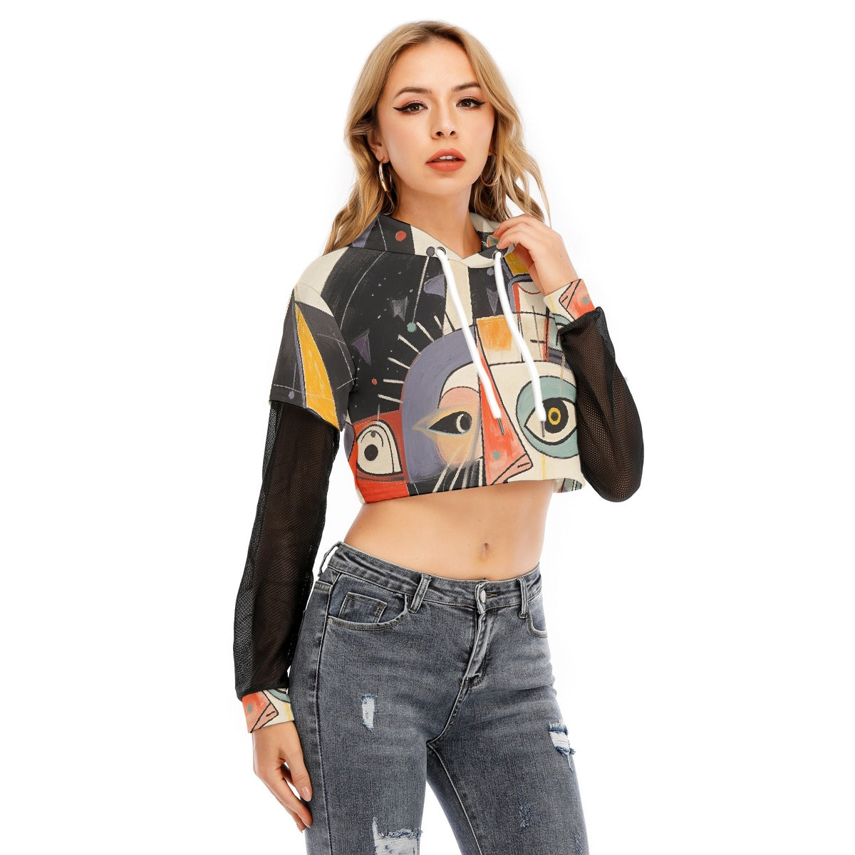 All-Over Print Women's Fake Two-piece Mesh Sleeve Cropped Hoodie