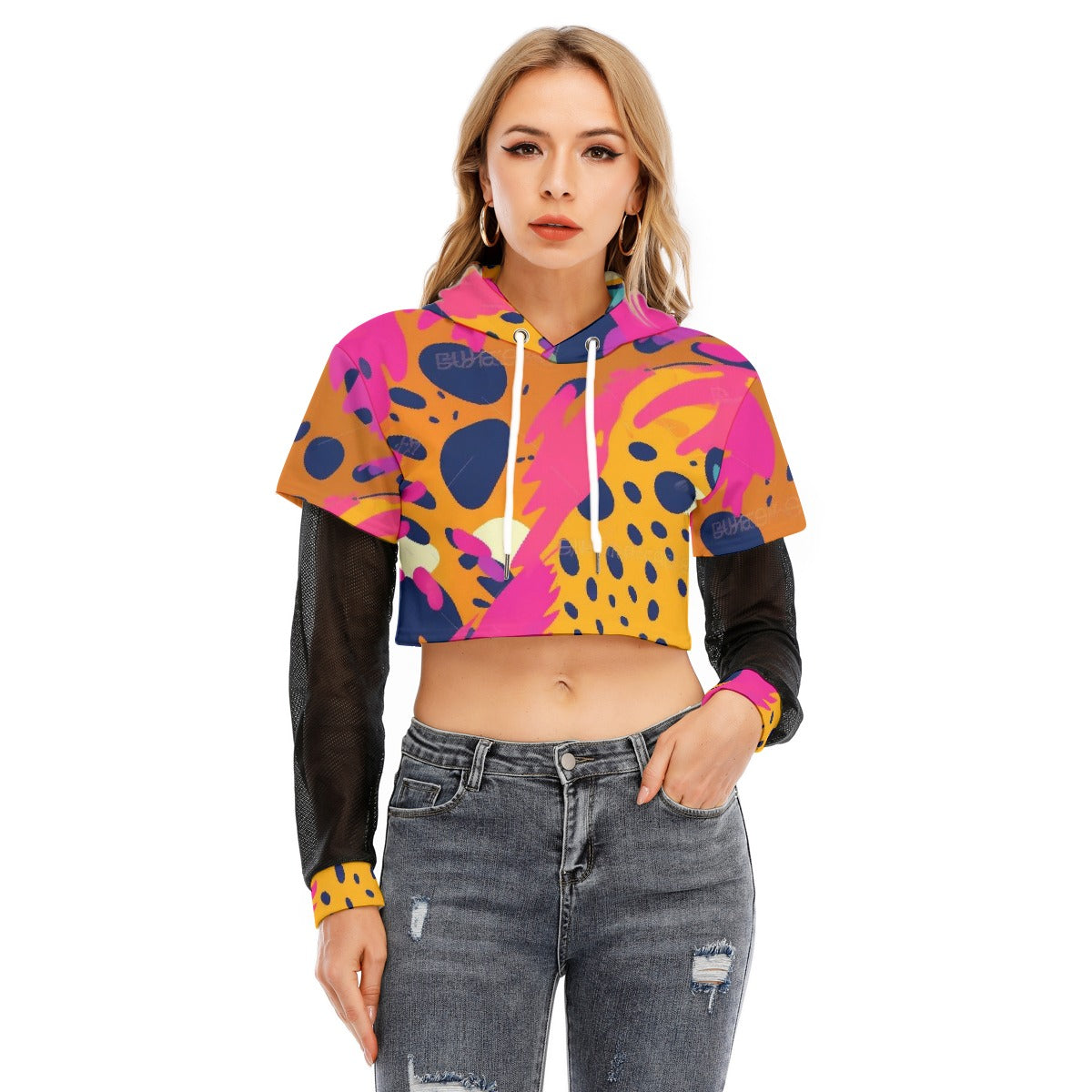 All-Over Print Women's Fake Two-piece Mesh Sleeve Cropped Hoodie