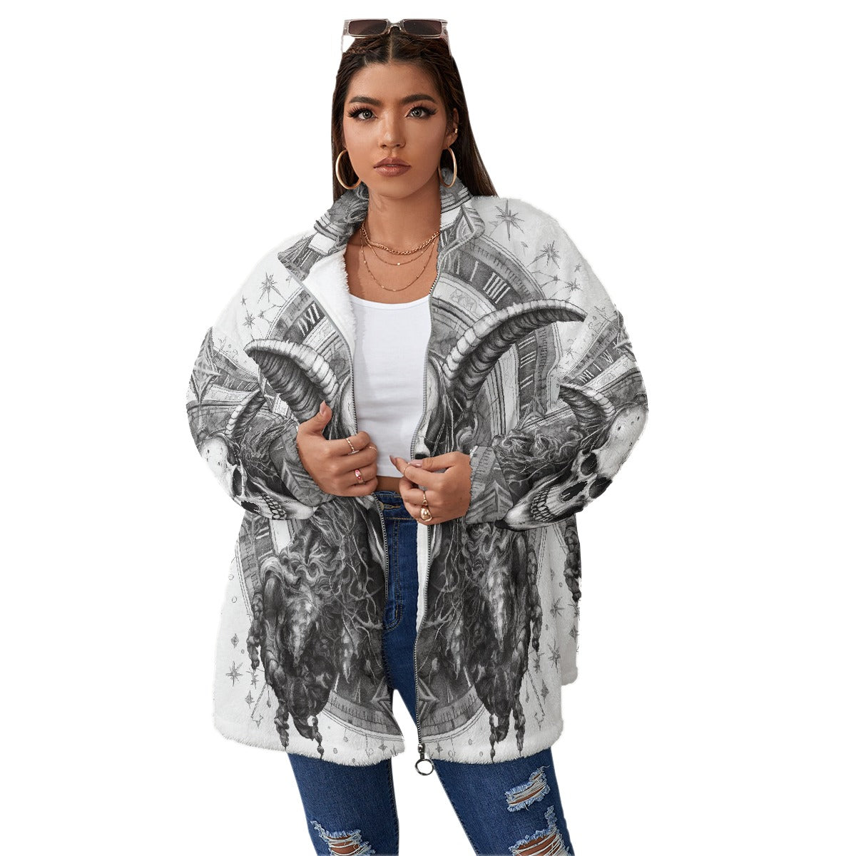 All-Over Print Unisex Borg Fleece Stand-up Collar Coat With Zipper Closure(Plus Size)