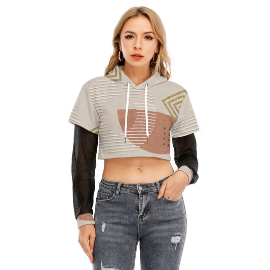 All-Over Print Women's Fake Two-piece Mesh Sleeve Cropped Hoodie