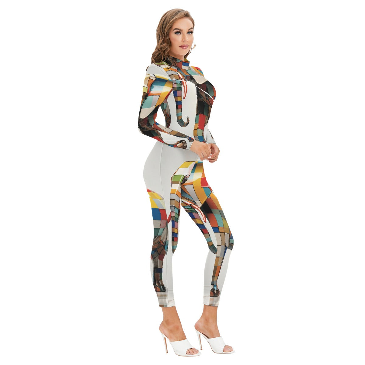 All-Over Print Women's Long-sleeved High-neck Jumpsuit With Zipper