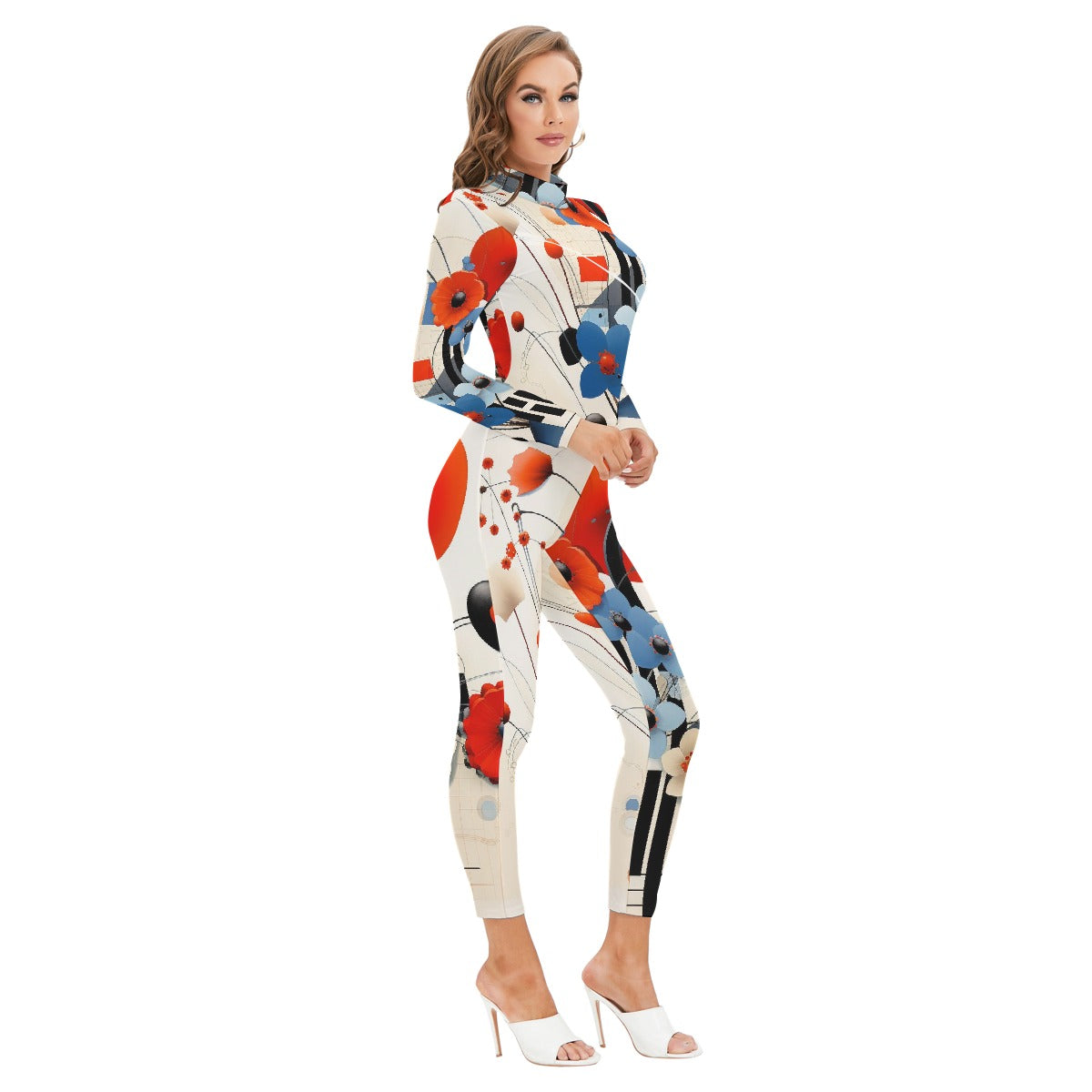 All-Over Print Women's Long-sleeved High-neck Jumpsuit With Zipper