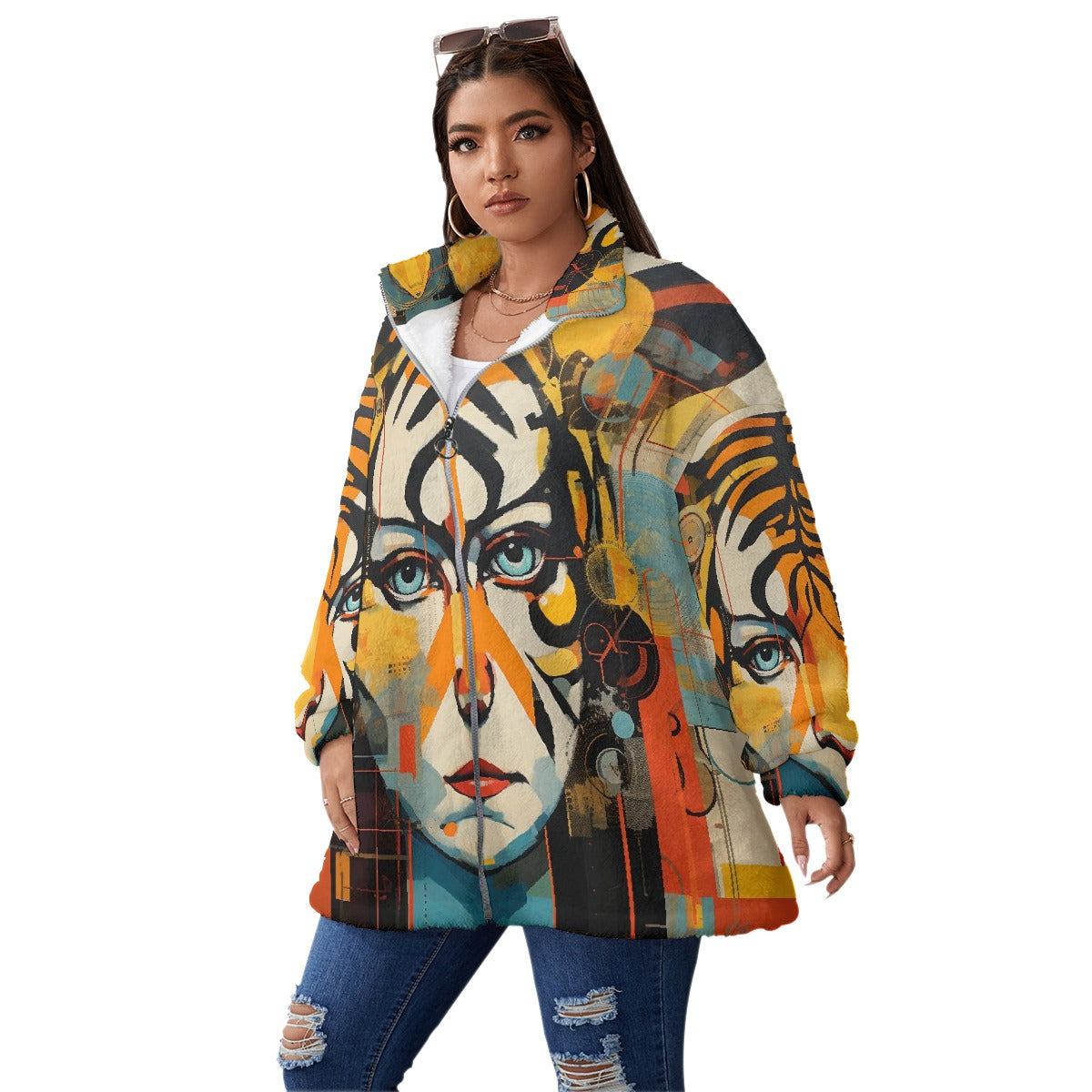All-Over Print Unisex Borg Fleece Stand-up Collar Coat With Zipper Closure(Plus Size)